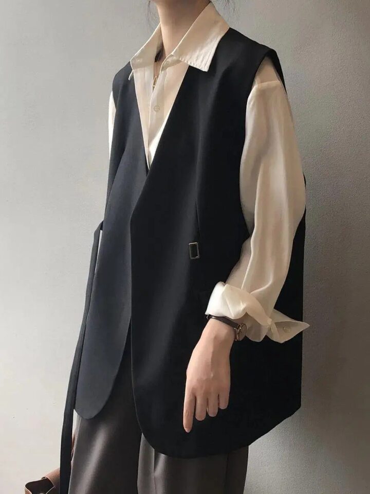 Áo vest nữ dáng rộng cỡ lớn phối lớp phong cách thanh lịch, dài áo 50–65 cm — Kích thước thẻ màu nâu nhỏ, Thẻ đen kích thước nhỏ
