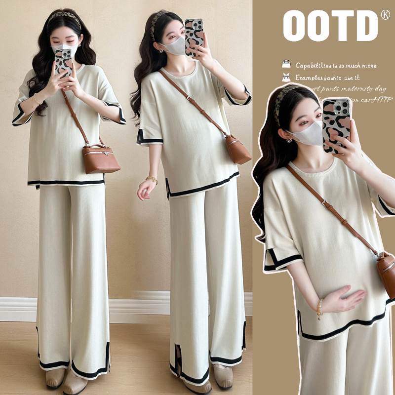 Maternity Outfit Fashion New Summer Style High-End Outfit for Pregnant Moms Short-Sleeved Top Summer Plus-Size Wide-Leg Pants Two-Piece Set