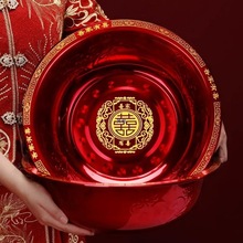 结婚喜盆不锈钢一对套装新娘陪嫁红盆加厚婚庆用品女方嫁妆洗脸盆