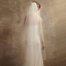 跨境货源纯色垂感双层遮面新娘头纱结婚婚纱头饰2米瑞士网带发梳