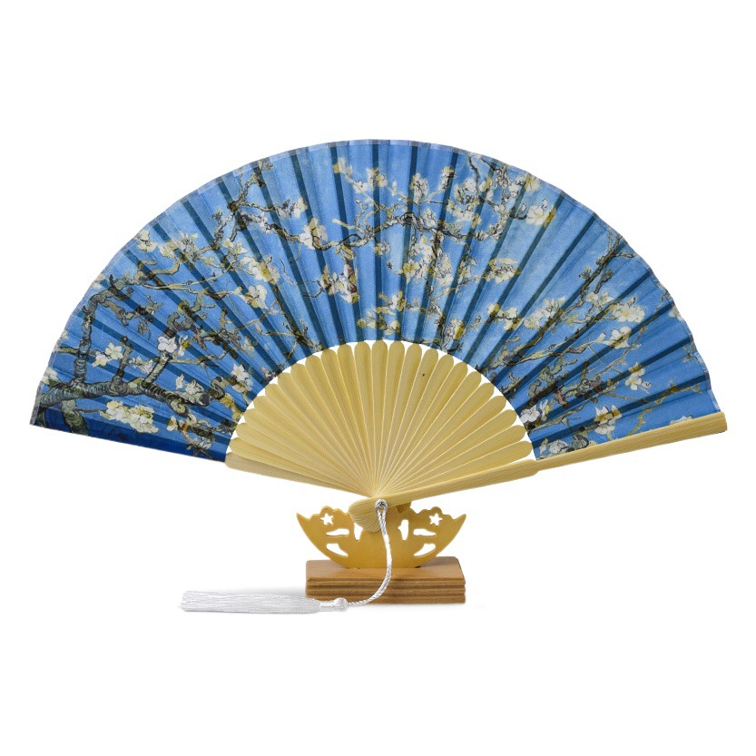 En stock nuevo producto Erqing Europea famosa pintura Starry Moon noche ventilador de seda las mujeres 21CM recta hueso