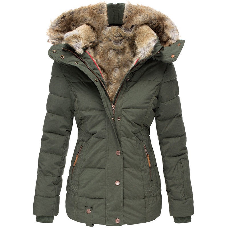 En stock Deseo Amazon invierno cálido Cuello de piel abrigo de algodón-acolchado cremallera de las mujeres de manga larga con capucha delgada abrigo de algodón-acolchado W128