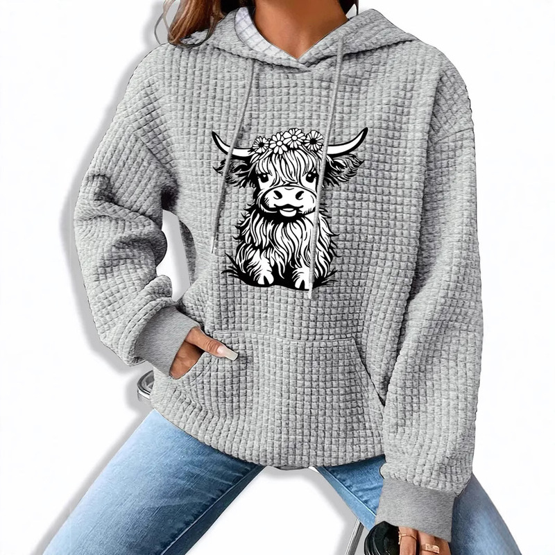 Cross-border European Code Autumn and Winter Women's Kangaroo Pocket Hooded Long-sleeved fleece-lined Sweatshirt Highland Cow Print Cross-border European Code Autumn and Winter Women's Kangaroo Pocket Hooded Long-sleeved fleece-lined Sweatshirt Highland Cow Print