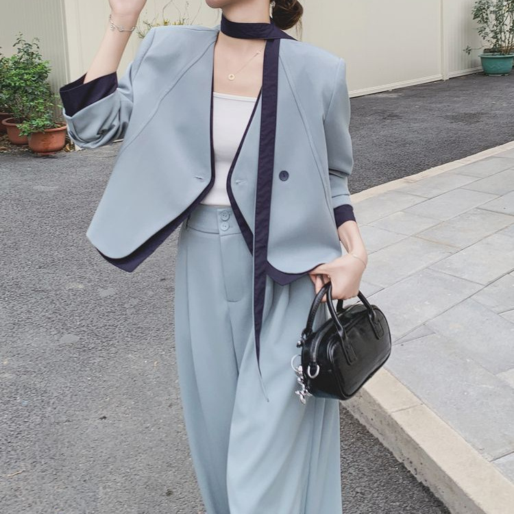 蓝色高级感穿搭时尚休闲显瘦上衣套装女春秋新款阔腿垂感长裤两件|undefined