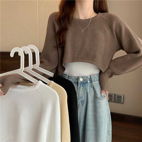 Loose Short-Sleeve Layered Crew Neck Knit Top for Women, Spring and Autumn Versatile Long-Sleeve Black Sweater