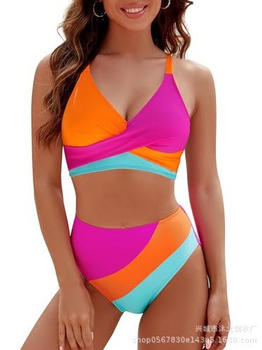 Bikini de Dos Piezas con Cuello en V de Nailon de Alta Elasticidad para Natación