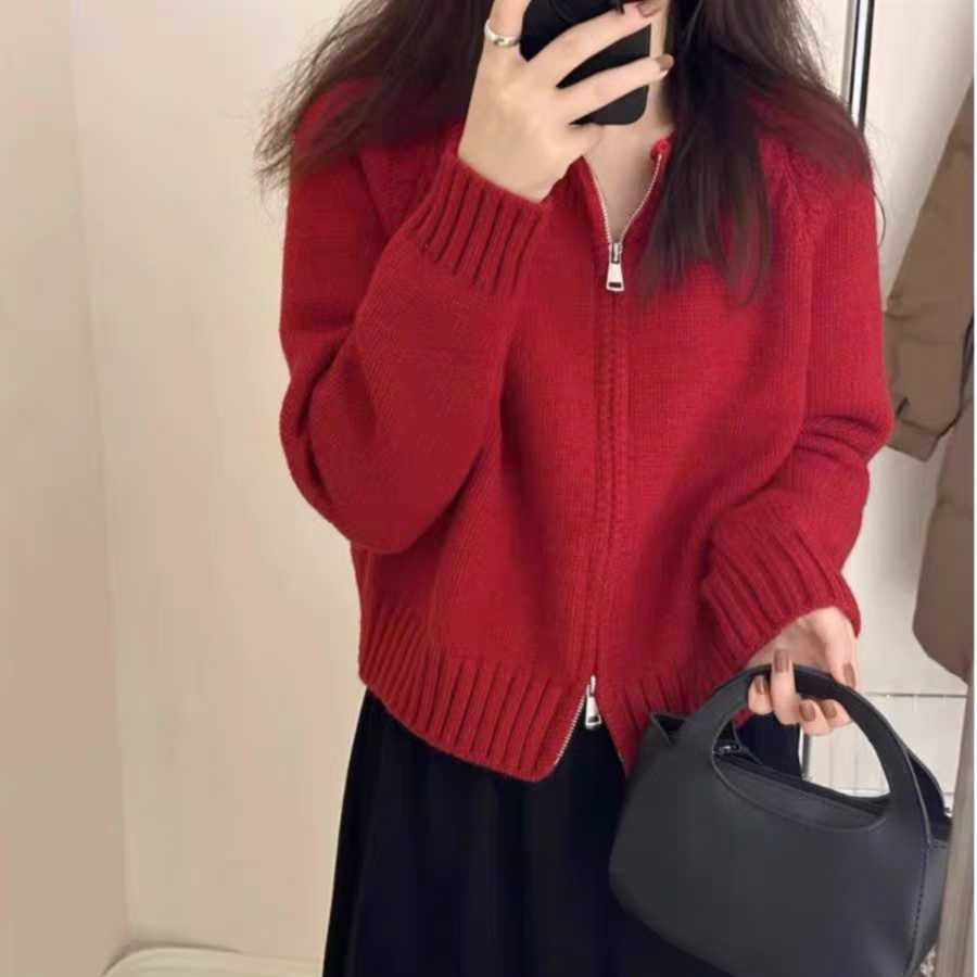 2025 New Autumn and Winter Loose Gray Short Sweater Jacket Women's Thickeneded Zipper Long-Sleeved Knitted Cardigan Top