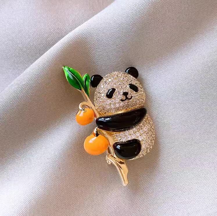New Chinese Style Persimmon Ruyi Full Diamond Red Panda Brooch Women's High-End Exquisite Fashion Pin Clothing Decoration Accessories