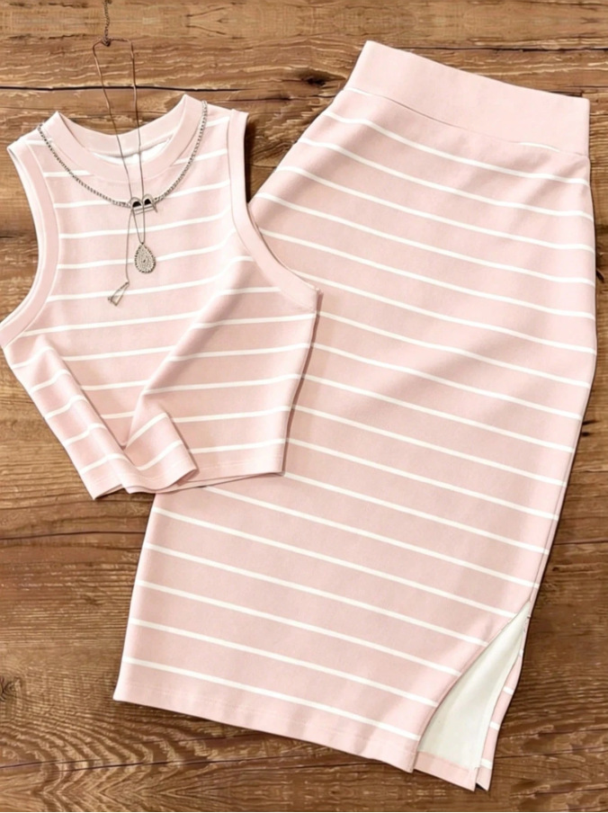 Blusa corta sin mangas de punto roscado para mujeres transfronterizas con traje de falda corta casual y elegante juego de dos piezas