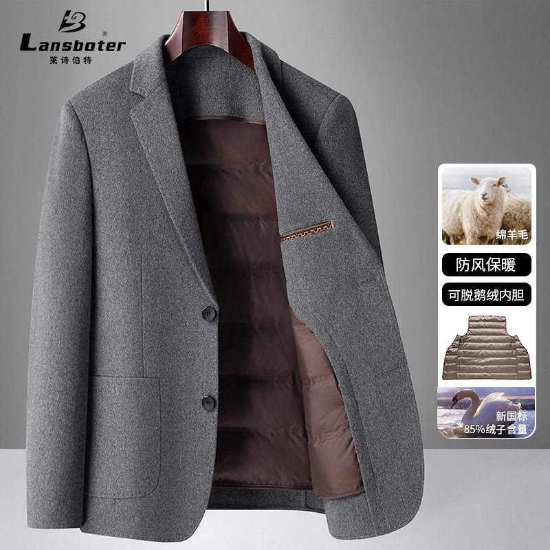 Áo vest nam len hai lớp lót lông ngỗng tháo rời, form ôm vừa, tay dài, cổ vest — Cà phê xám, Màu xanh hải quân đậm, con lạc đà, màu xám