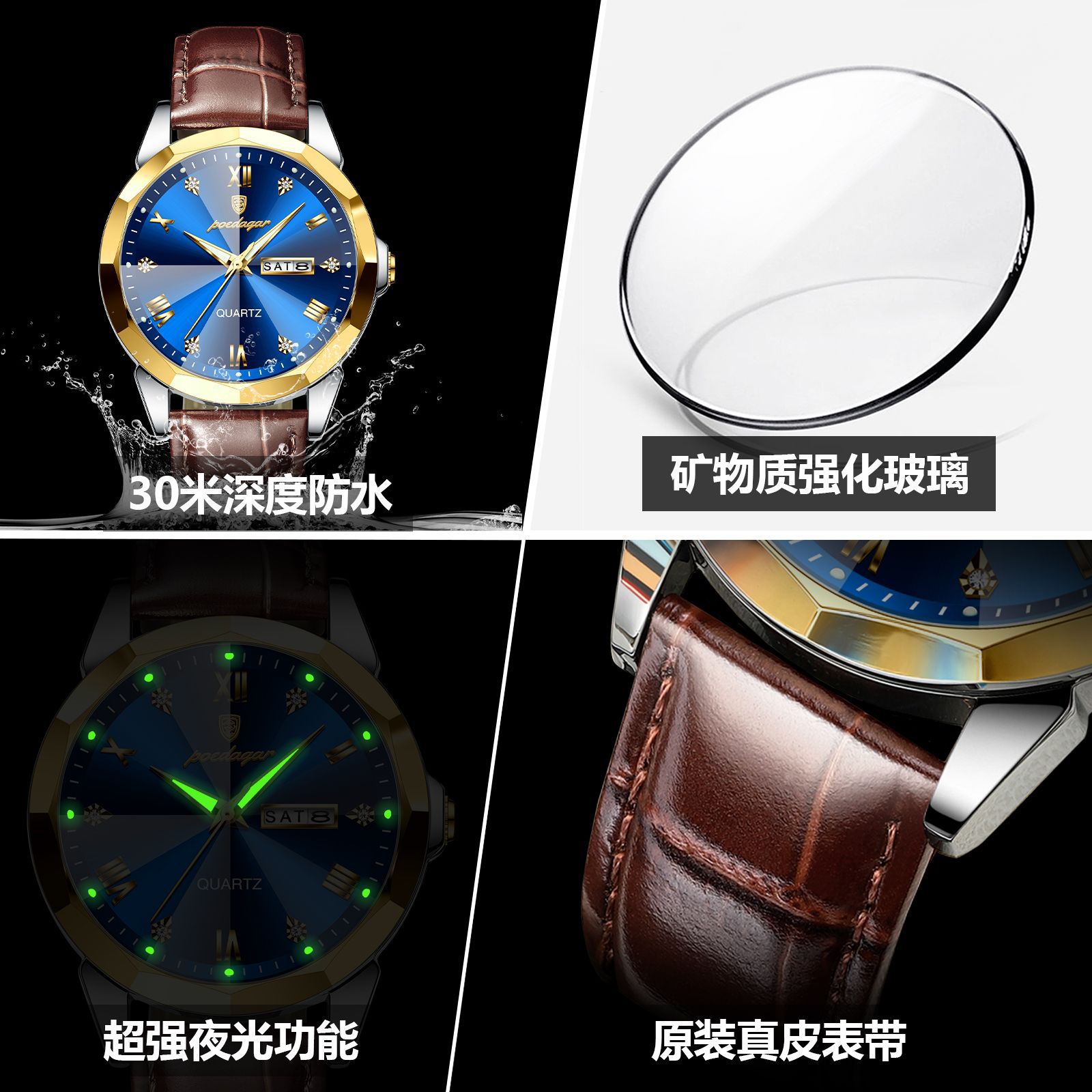 Reloj para hombre con cinturón de marca suiza, reloj de cuarzo de moda luminoso a prueba de agua, transmisión en vivo, estilo de explosión de comercio exterior, envío de una pieza
