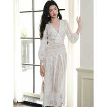 大量现货法式绣花长袖连衣裙女白色气质雪纺长裙子春夏新