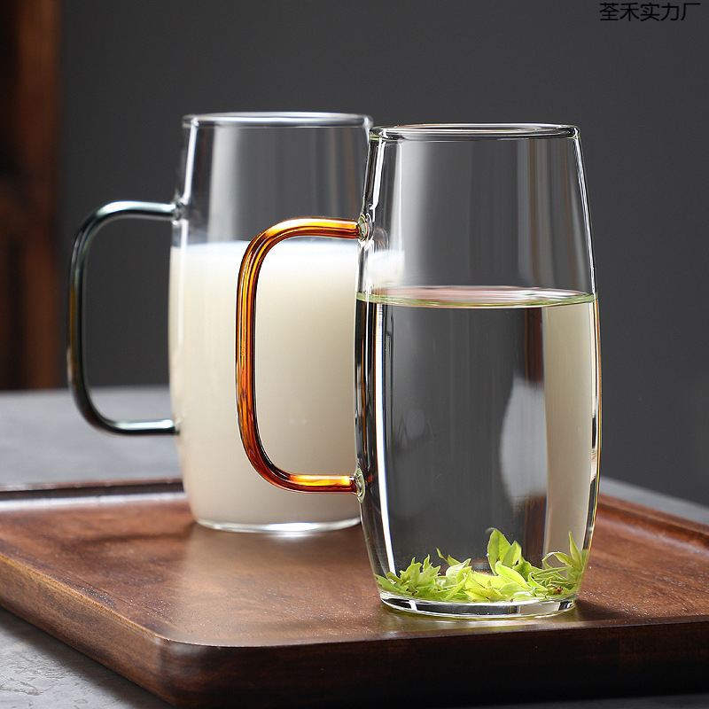 透明玻璃花茶杯彩色手柄高硼硅玻璃单层杯家用大容量绿茶杯|undefined