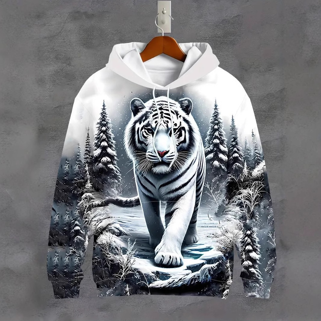 아마존 국경 봄과 가을 남자의 긴 소매 스웨터 3D 디지털 인쇄 복고풍 동물 인쇄 느슨한 후드