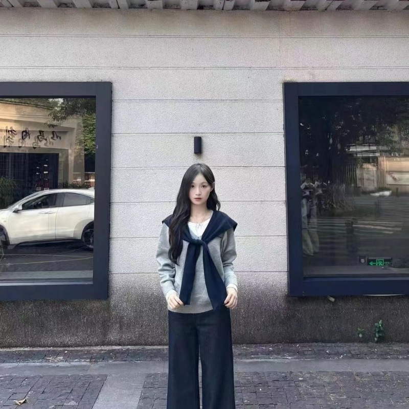 套装女2025秋季新款韩系慵懒风长袖针织衫系带披肩高腰显瘦阔腿裤|undefined