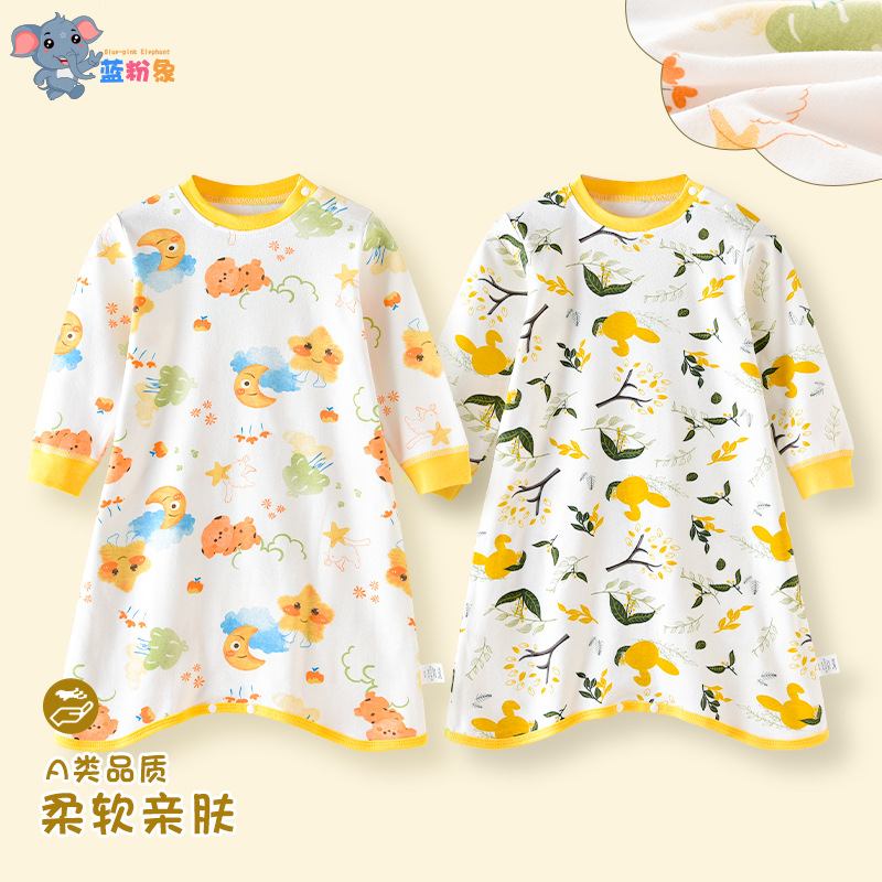 Children's nightdress spring and autumn boys and girls Anti-kick pajamas jumpsuit cotton long-sleeved autumn baby nightgown home wear