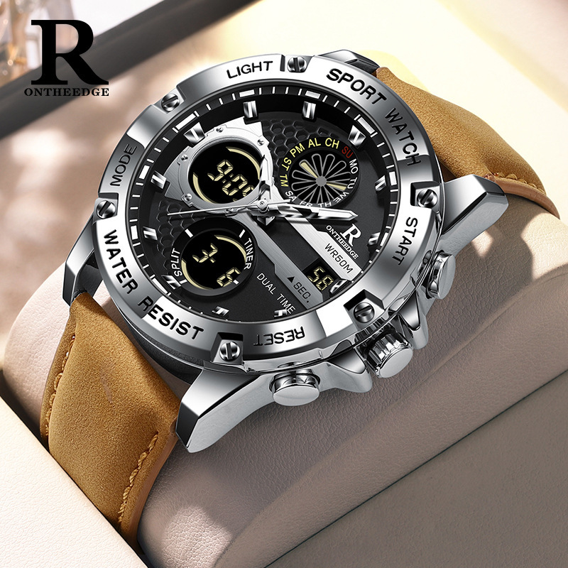 Rui Zhi Yuan Men's Fashionable Multi-Functional Cross-Border Watch Genuine Leather Quartz Watch Men's Trendy Waterproof Electronic Watch for Students