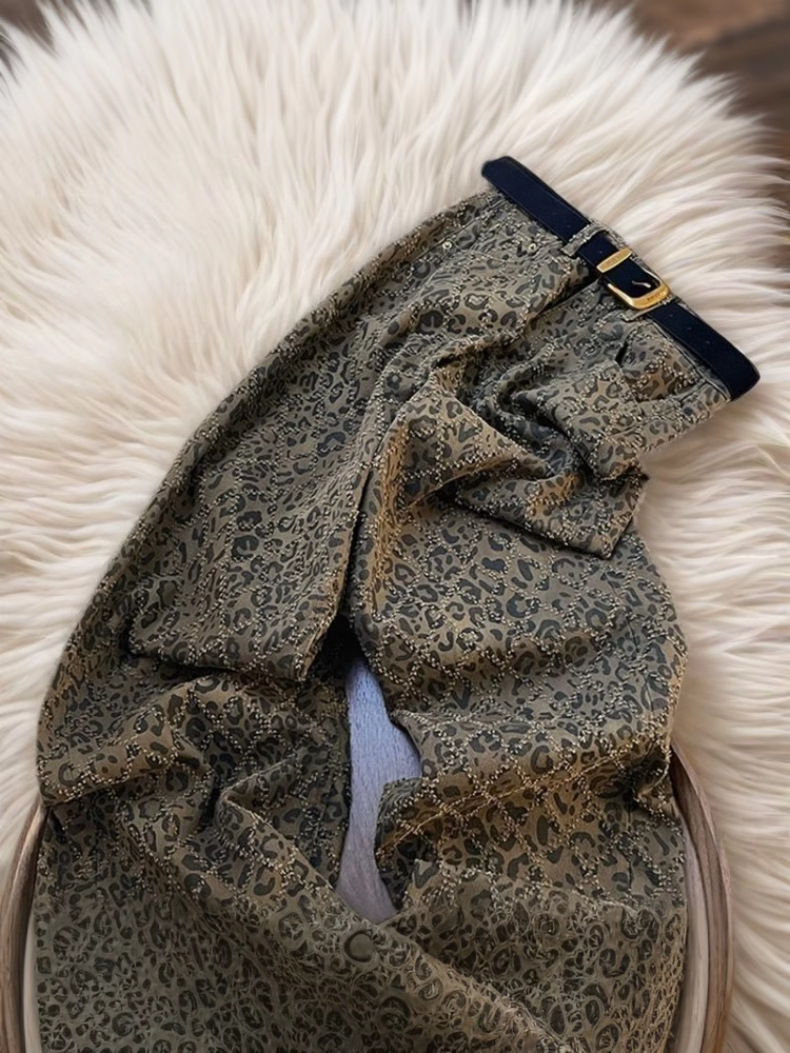 Dames jeans hoge taille luipaardprint rechte denim broek stretch_voghion.com