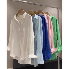 夏の女性用フレンチホワイトリネンシャツ、薄手でゆったりとした気質、オールドマネースタイルの高級コットンとリネンのシャツ、日焼け止めトップス