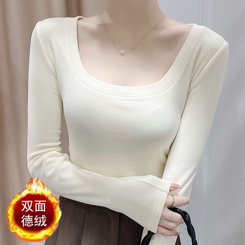 Pure and alluring style German velvet base layer top for women, deep U-neck, revealing collarbone, thick and warm, new autumn and winter style long-sleeved slim-fit T-shirt