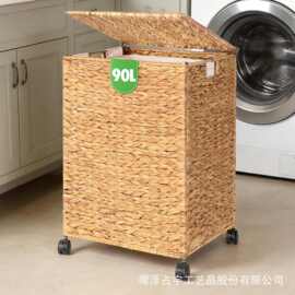 跨境水葫芦草编收纳筐家用带轮脏衣篮衣服被褥储物筐玩具整理篮