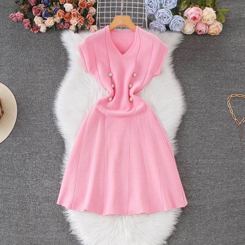 European and American fashion V-neck foreign trade dress for women, summer high-end slim-fit elegant sweater dress, cross-border women's dress European and American fashion V-neck foreign trade dress for women, summer high-end slim-fit elegant sweater dress, cross-border women's dress