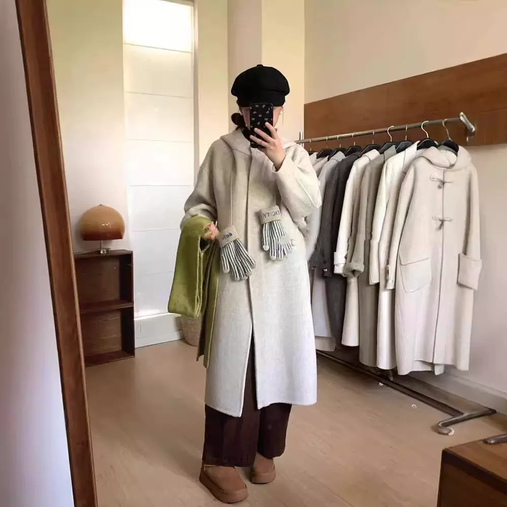 【赠手套】韩系高级感连帽双面羊毛大衣女秋冬季单排扣羊毛外套