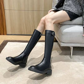 冬季新款高靴女长靴子骑士靴修脚皮带扣侧拉链女时尚靴子