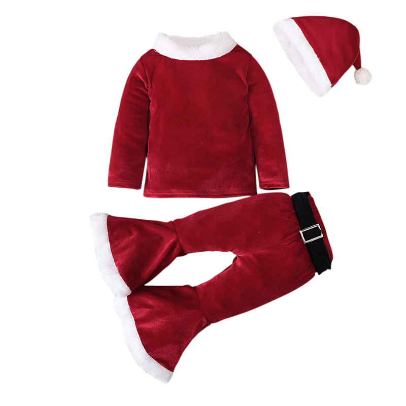 Christmas long-sleeved top + bell bottoms + hat three-piece children's wear