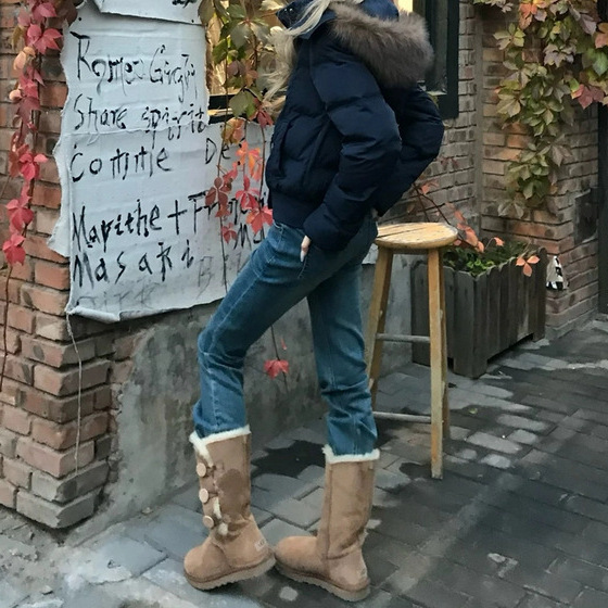 겨울 빈티지 네이비 후드 모피 칼라 코튼 패딩 코트 여성의 새로운 짧은 두꺼운 디자인 따뜻한 빵 세트