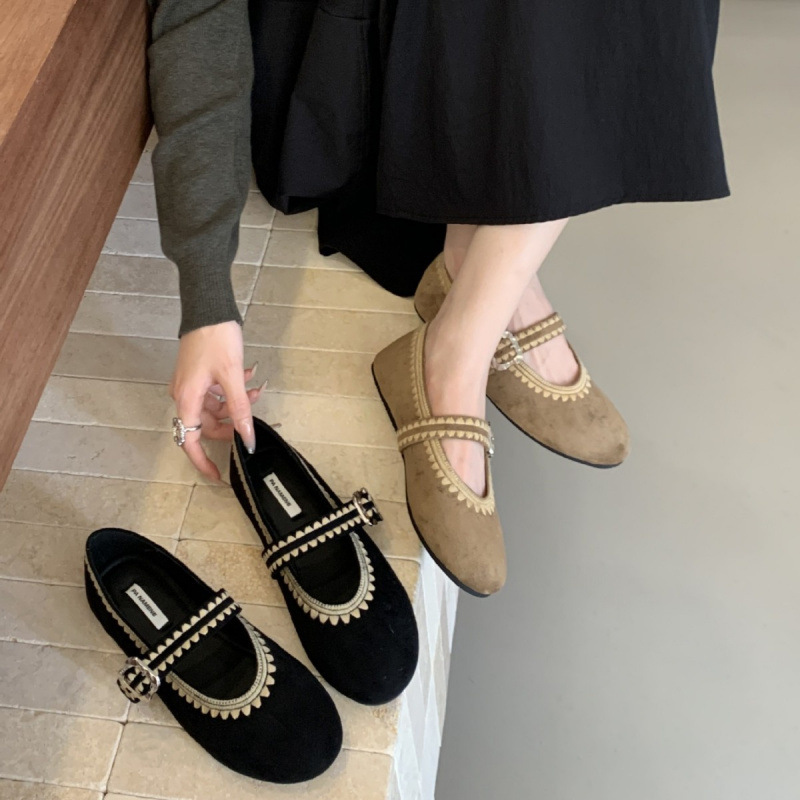 2025 New Fashion Suede Retro One-Button Thick-Soled Mary Jane Shoes with Inner Heightening Round-Toe Ballet Shoes for Women