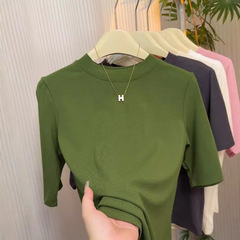 高品質の弾力綿の気質の中でtシャツの女性の百合はやせている中袖の5分の袖の半高襟の底のシャツの大きいサイズを現します。