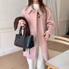 超好看粉色毛呢外套2025新款冬季大翻领长款全羊毛双面呢大衣女