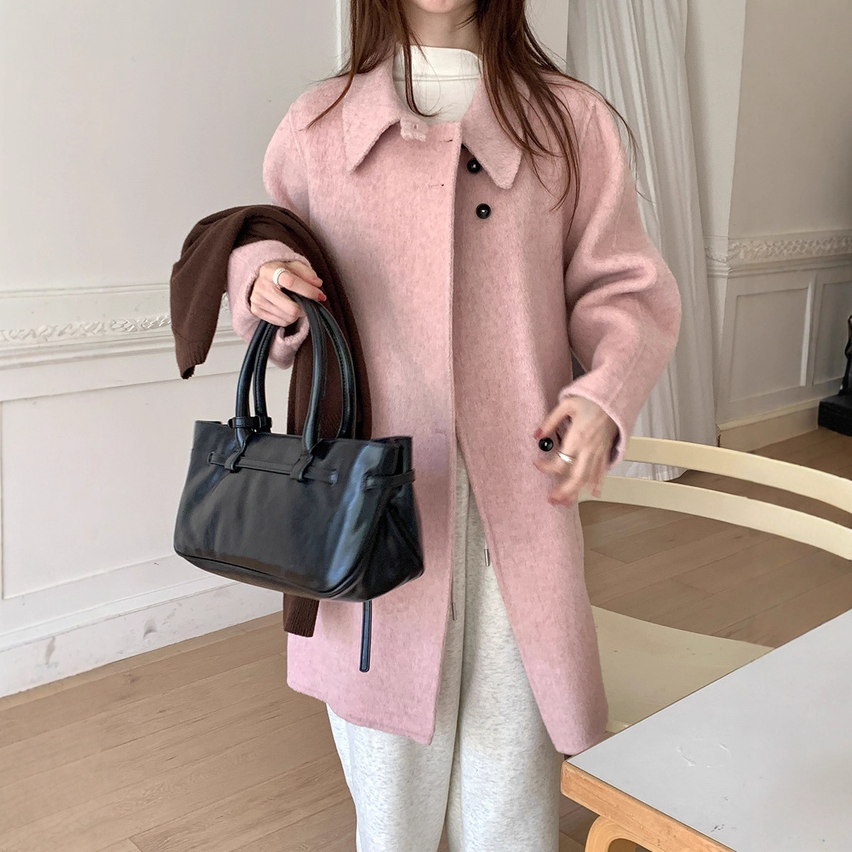 超好看粉色毛呢外套2025新款冬季大翻领长款全羊毛双面呢大衣女