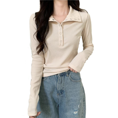 Korean Spring and Autumn Design Sensory Tapered Long Sleeve T-shirt for Women, European Version Outerwear Collar Knit Top for Women, INS Base Shirt