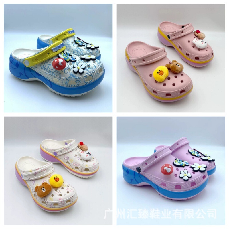 New Cloud Smurf Collaboration Women's Clog Shoes with Thick Soles, Height Increasing Original Beach Shoes with Flower Design