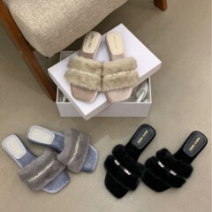 V89-2~低跟法式方头露趾毛毛拖鞋女鞋子外穿2025年秋冬季新款