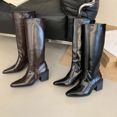 2025欧美风方头时尚黑显瘦高筒骑士靴长筒靴女复古粗跟套筒不过膝