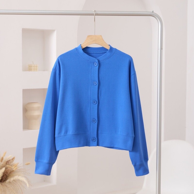 Sapphire Blue Thin Coat Petite Cardigan Spring and Autumn New Casual Sweatshirt Round Neck Baseball Jacket Solid Color Long Sleeve Top