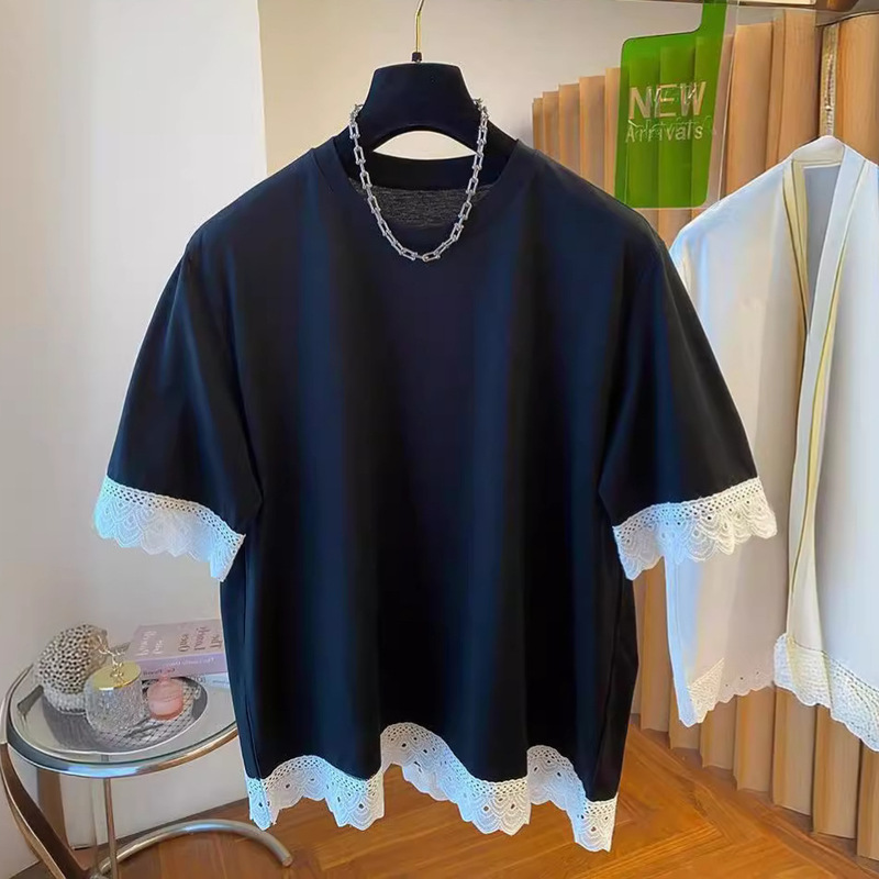 2024 New Arrival Stylish All-Match Lace Stitching T-Shirt Women's Short-Sleeved Summer Loose Casual Cotton Base-Layer Shirt Top