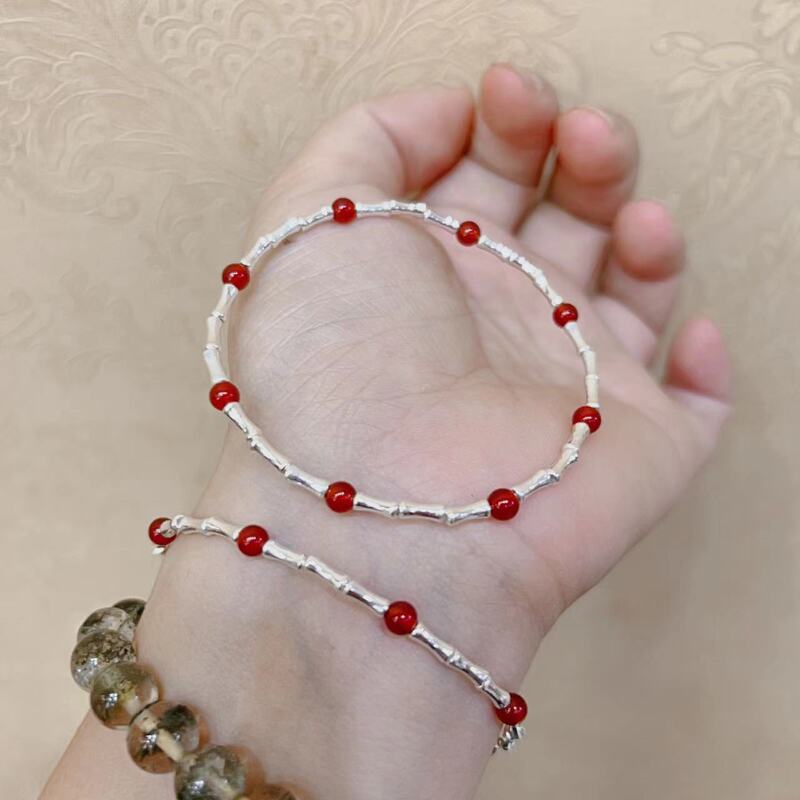 S925 Sterling Silver Bamboo Tube Red Agate Bracelet for Women, New Chinese Style, Simple, Light Luxury, Versatile, Niche Design, Fashionable