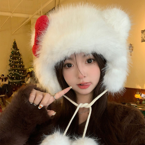 Korean-style Kitty Cat Bow Hat Cute Animal Fashion Warm KT Cat Plush Hat Autumn Winter Women