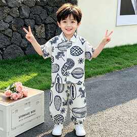 套装潮酷洋气儿童短袖上衣长裤2026年童装新款男童夏季两件套衬衫