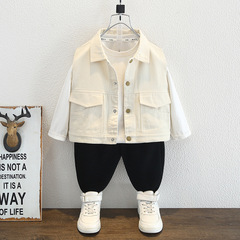 Boys' Cowboy Vest Spring and Autumn Style 2024 New Baby Outerwear Backless Top Children's Spring Trendy White Shoulderside Jacket Fashion