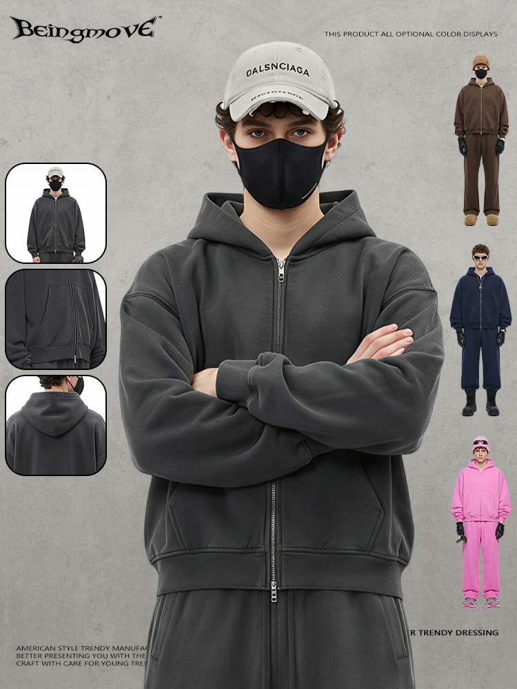 Calle secada| 2025 marca de invierno cremallera cardigan con capuchón camiseta de lana suelta pantalones rectos para hombres