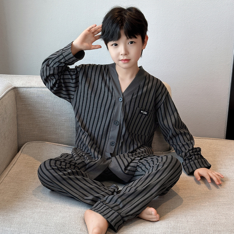 2025新款男童睡衣春秋款儿童长袖宽松家居服中大童初中生条纹睡衣|undefined