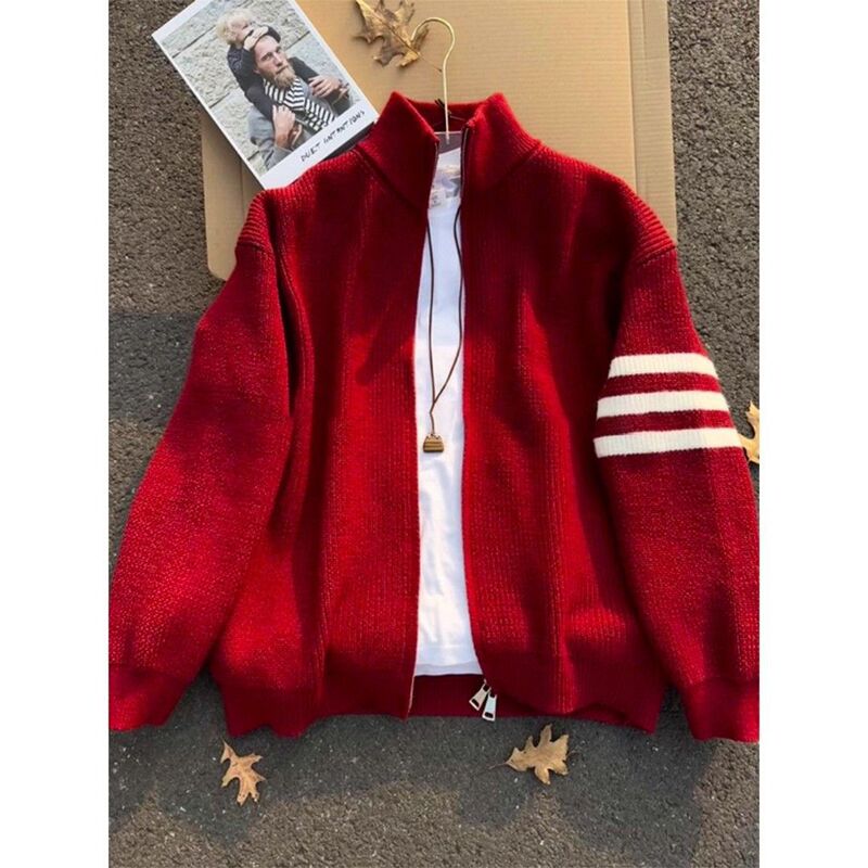 Loose Knitted Cardigan for Men, Autumn and Winter Red Striped Sweater Jacket, Zippered Sweater, Men's Knitted Cardigan Jacket