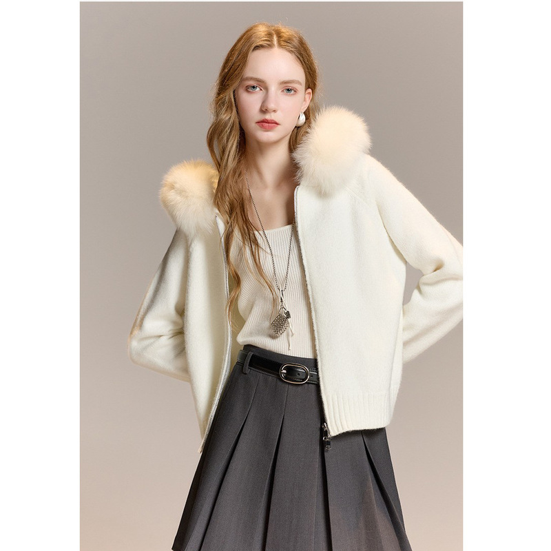 Fox Fur Collar 2025 Autumn and Winter New Hooded Long-Sleeved Knitwear Zipper Cardigan Knitwear Women m