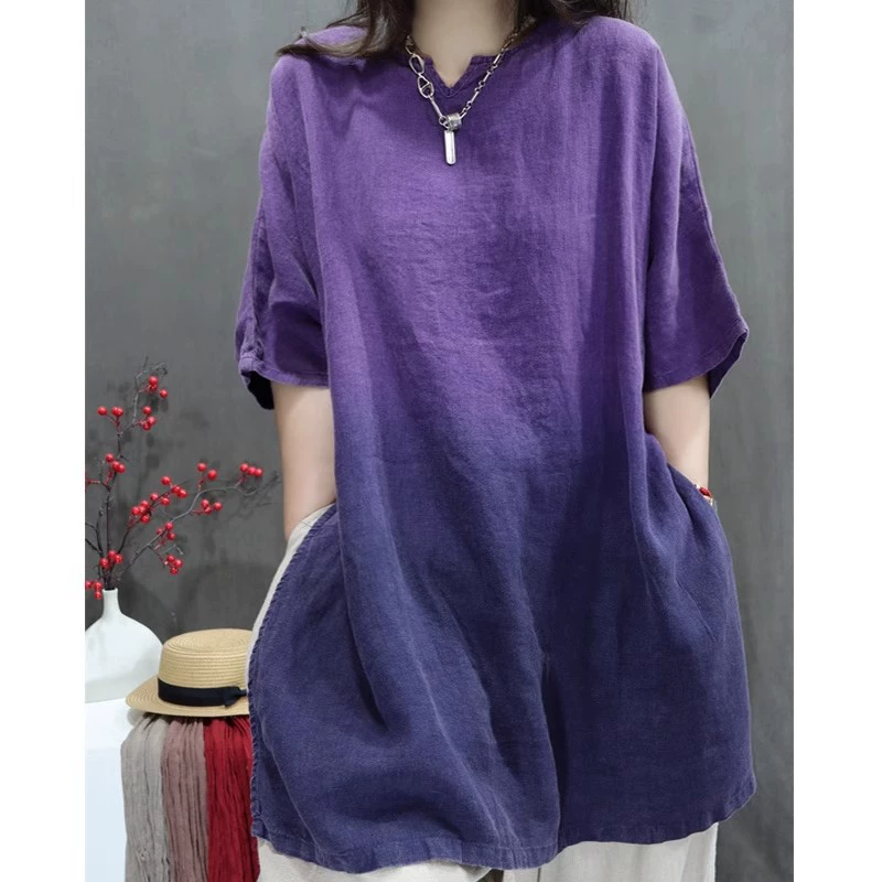 2024 летний новый ретро льняный краситель старый большой вариант рубашки свободная дикая индивидуальная рубашка с средним рукавом