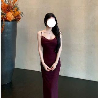 盐系御姐性感纯欲风名媛气质紫色网纱修身吊带连衣裙中长款包臀裙